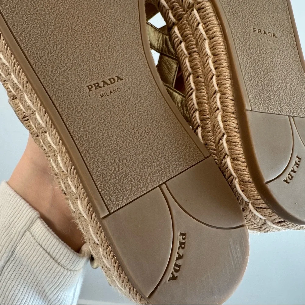 Prada Strappy Gold Leather Platform Espadrilles‎ Size 37.5